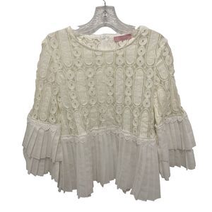 JJ'S FAIRYLAND white geometric lace pleated flared sleeve peplum top M